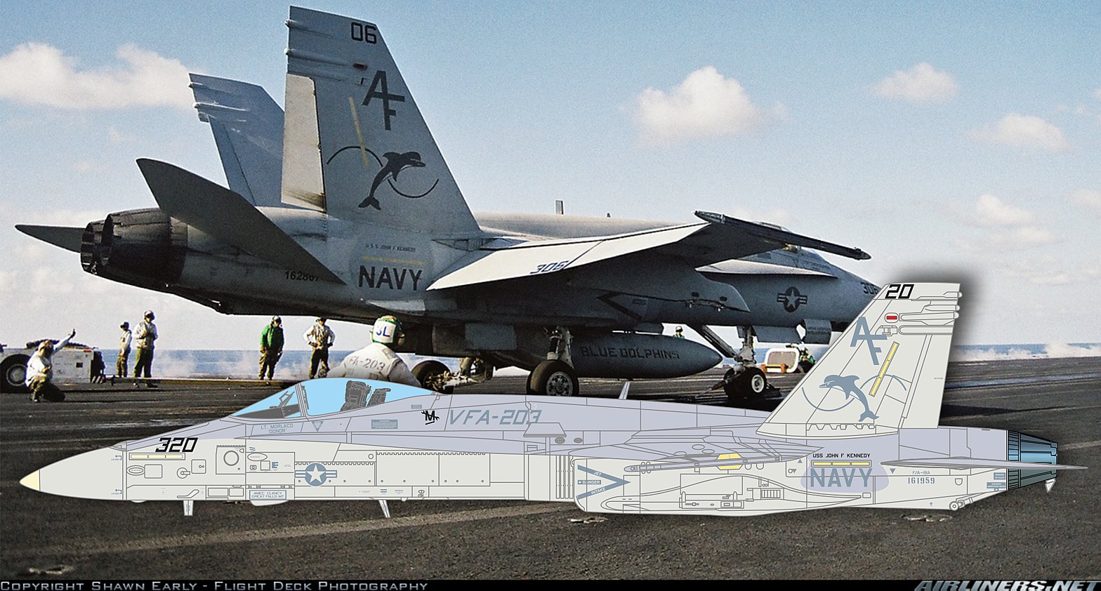 CTA Decals 1/72 F/A-18A+ Hornet, 161959/AF320, VFA-203 "Blue Dolphins", USS John F Kennedy, July 2000.