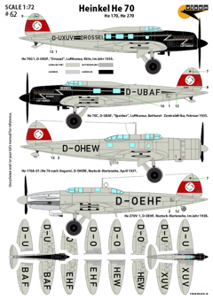 Декаль Vixendecals 062 1/72 Heinkel He 70 / 170 / 270